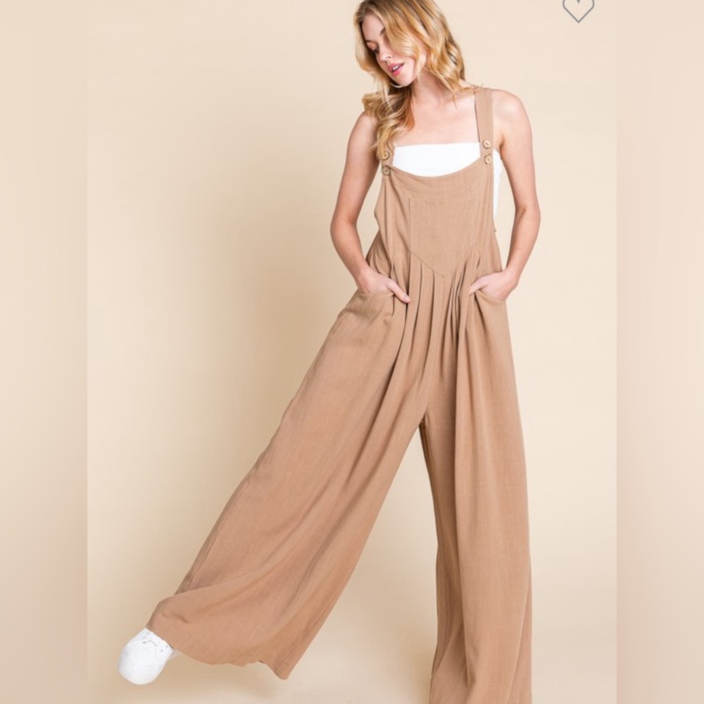 Latte Beige Relaxed Wide Leg Pleated Overall Sleeveless Boho Jumpsuit - Picture 1 of 1